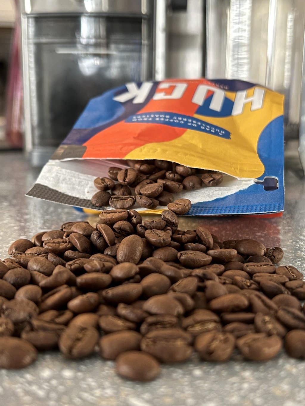 Coffee beans scattered from the pack
