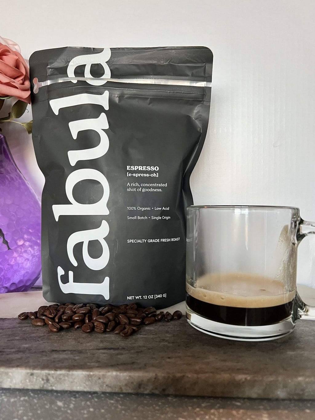 Fabula Espresso Organic Coffee next to a mug of Espresso