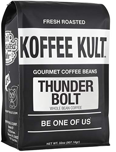 Koffee Kult Thunder Bolt Dark Roast Coffee Beans, Whole Bean, Fresh Roasted, 100% Arabica Robust Blend of Colombian And Brazil Whole Beans Bulk 32oz