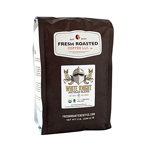 Fresh Roasted Coffee, Organic White Knight, 5 lb (80 oz), Light Roast, Fair Trade Kosher, Whole Bean